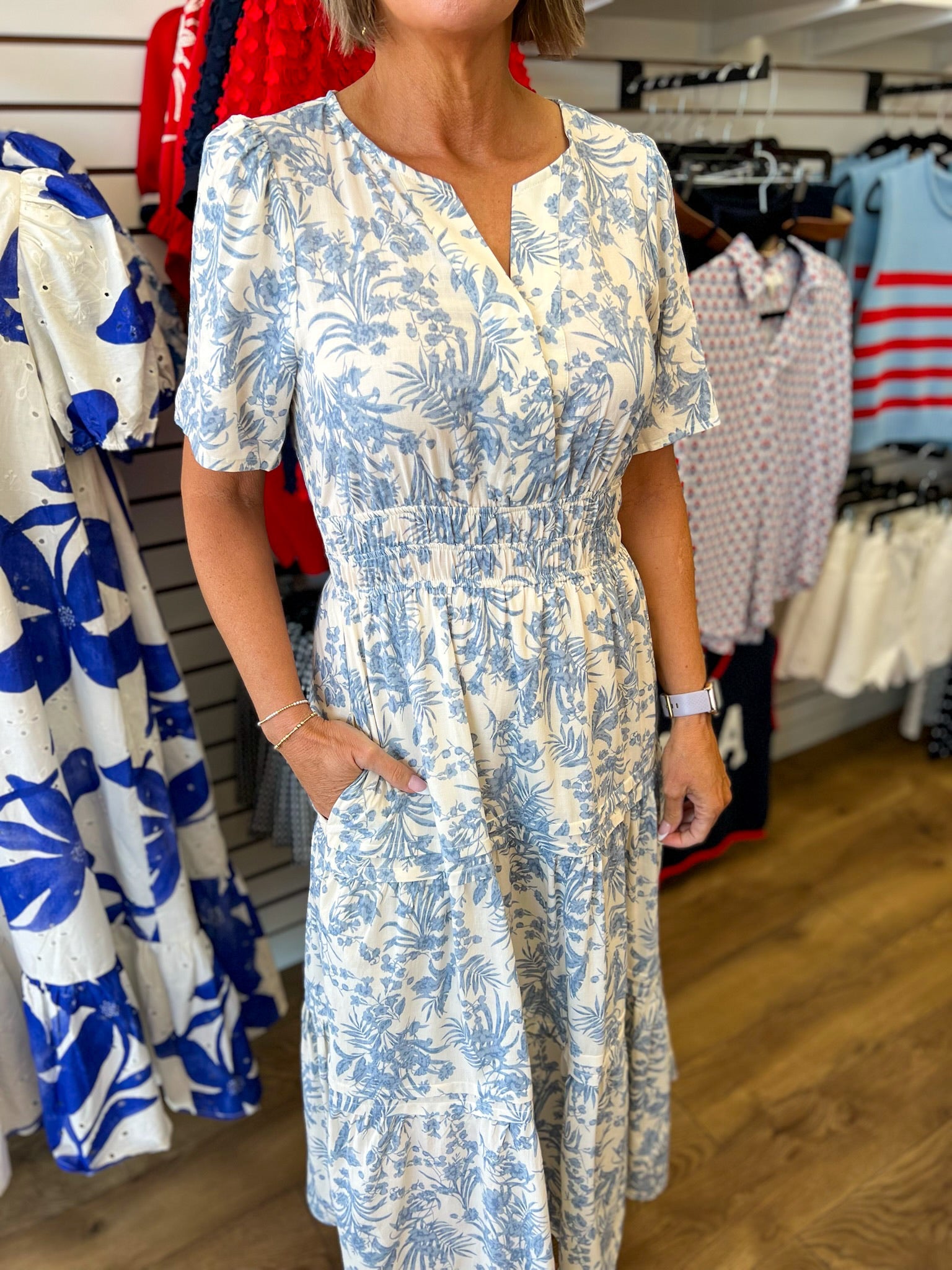 Blue Floral Tiered Midi Dress with Short Sleeves and Smocked Waist - A'Bekah's Boutique