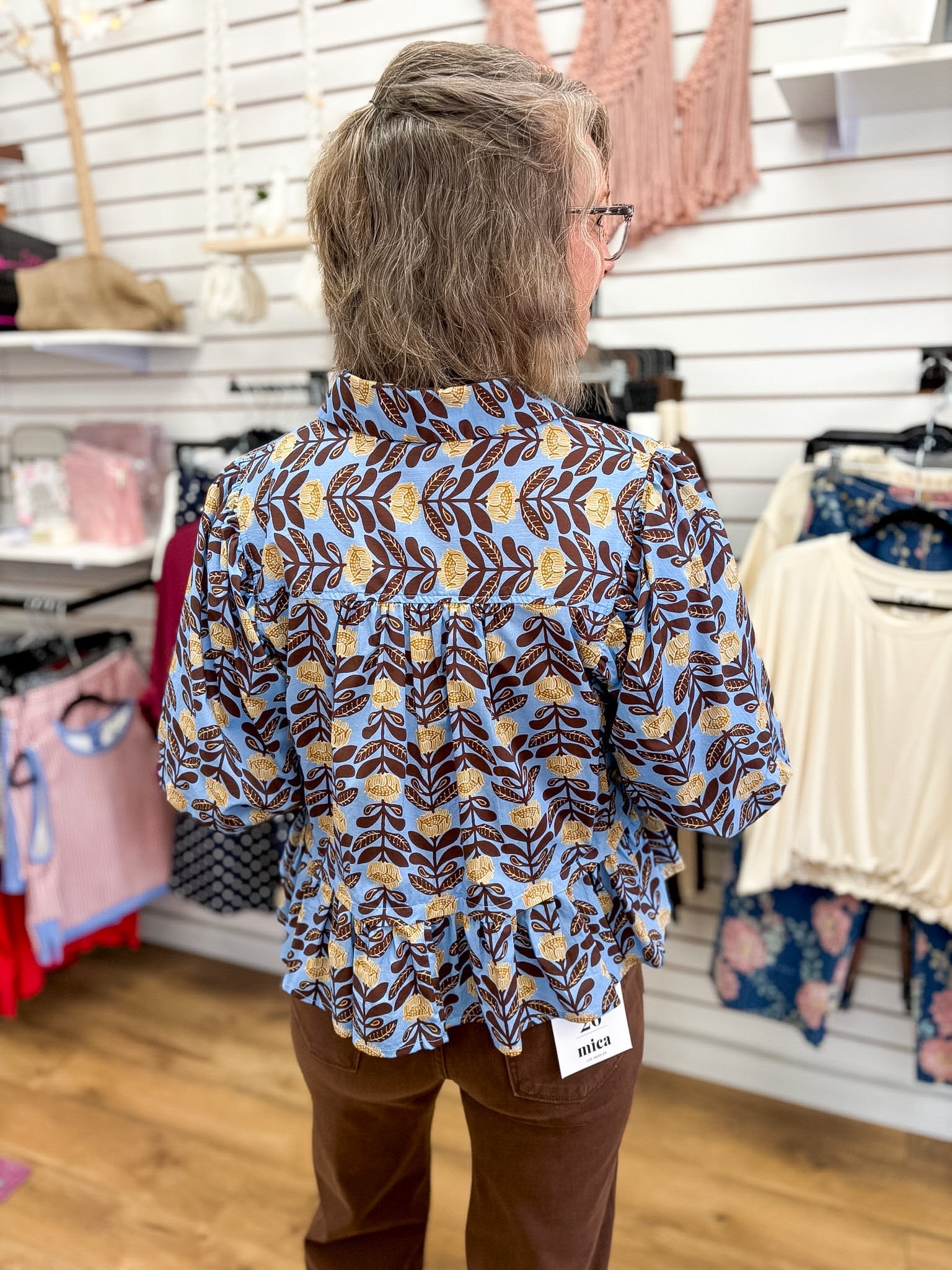Blue Floral Top with Puff Sleeves and Ruffle Hem - A'Bekah's Boutique