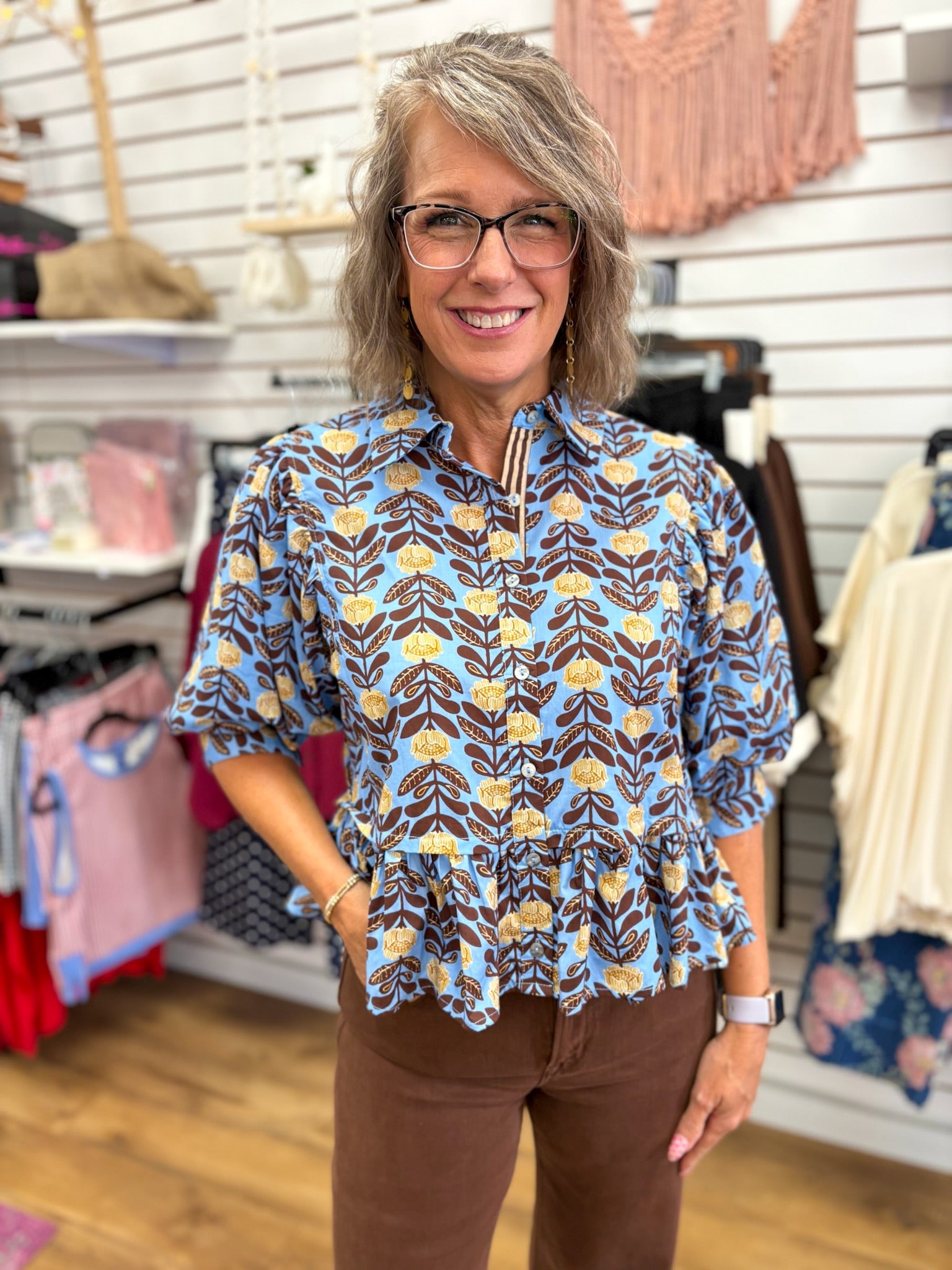 Blue Floral Top with Puff Sleeves and Ruffle Hem - A'Bekah's Boutique