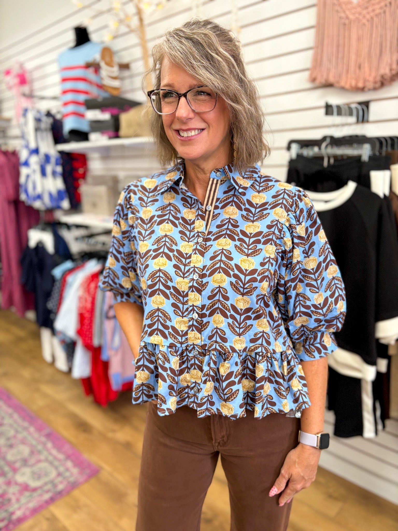 Blue Floral Top with Puff Sleeves and Ruffle Hem - A'Bekah's Boutique