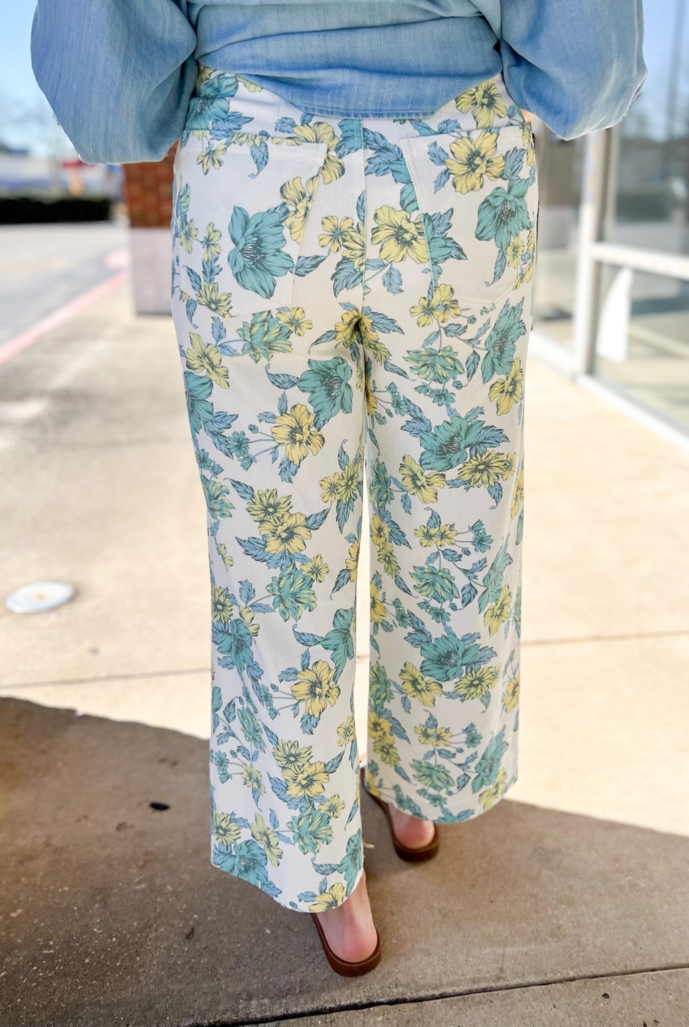 Blue Floral Wide Leg Denim Pants - A'Bekah's Boutique