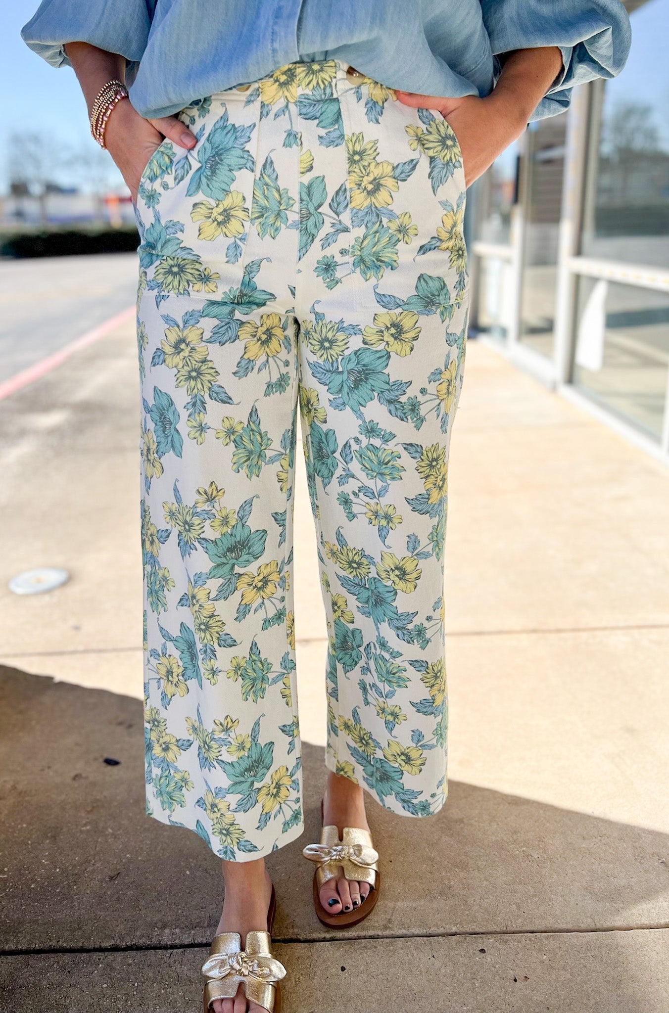 Blue Floral Wide Leg Denim Pants - A'Bekah's Boutique