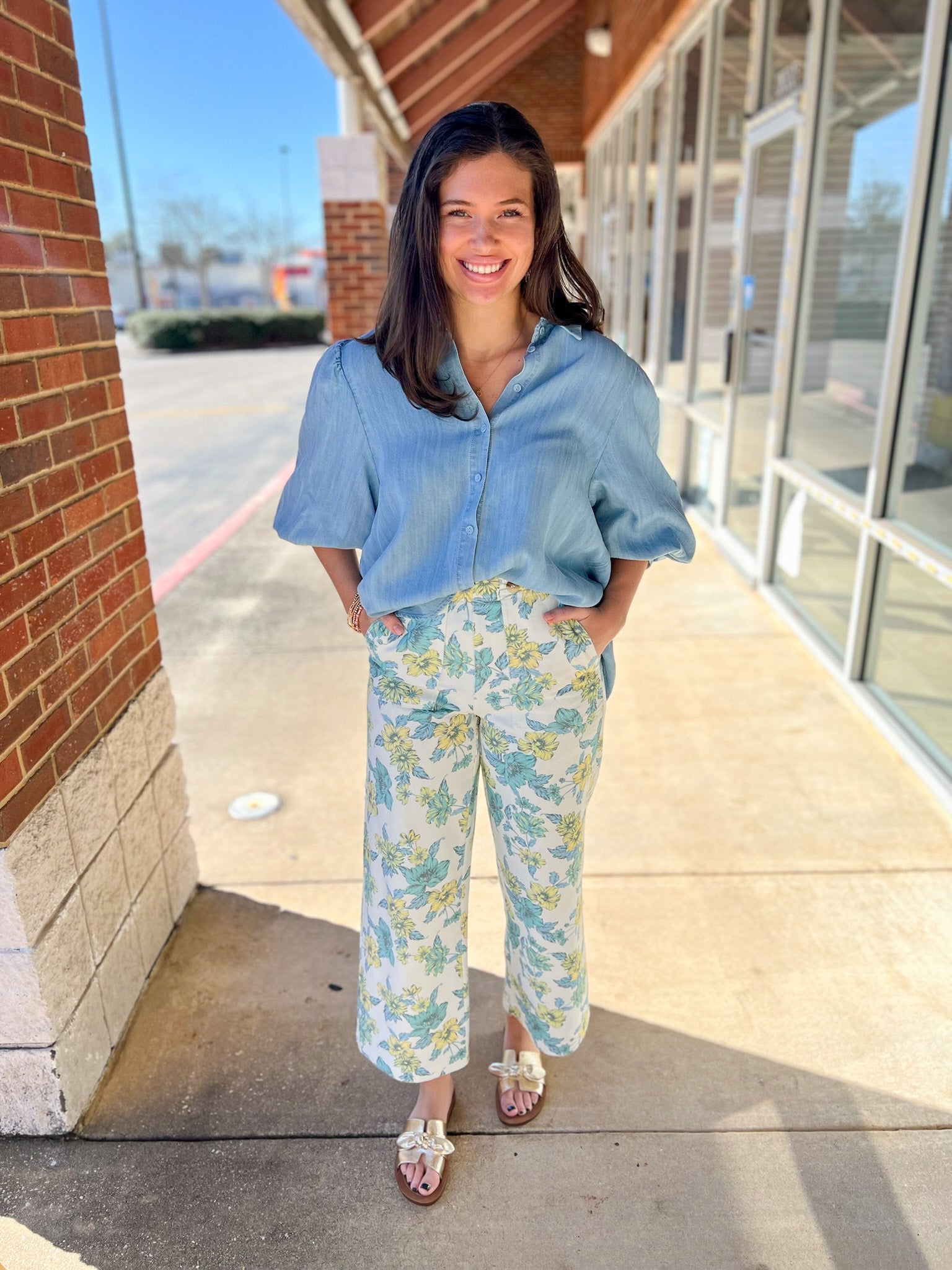 Blue Floral Wide Leg Denim Pants - A'Bekah's Boutique