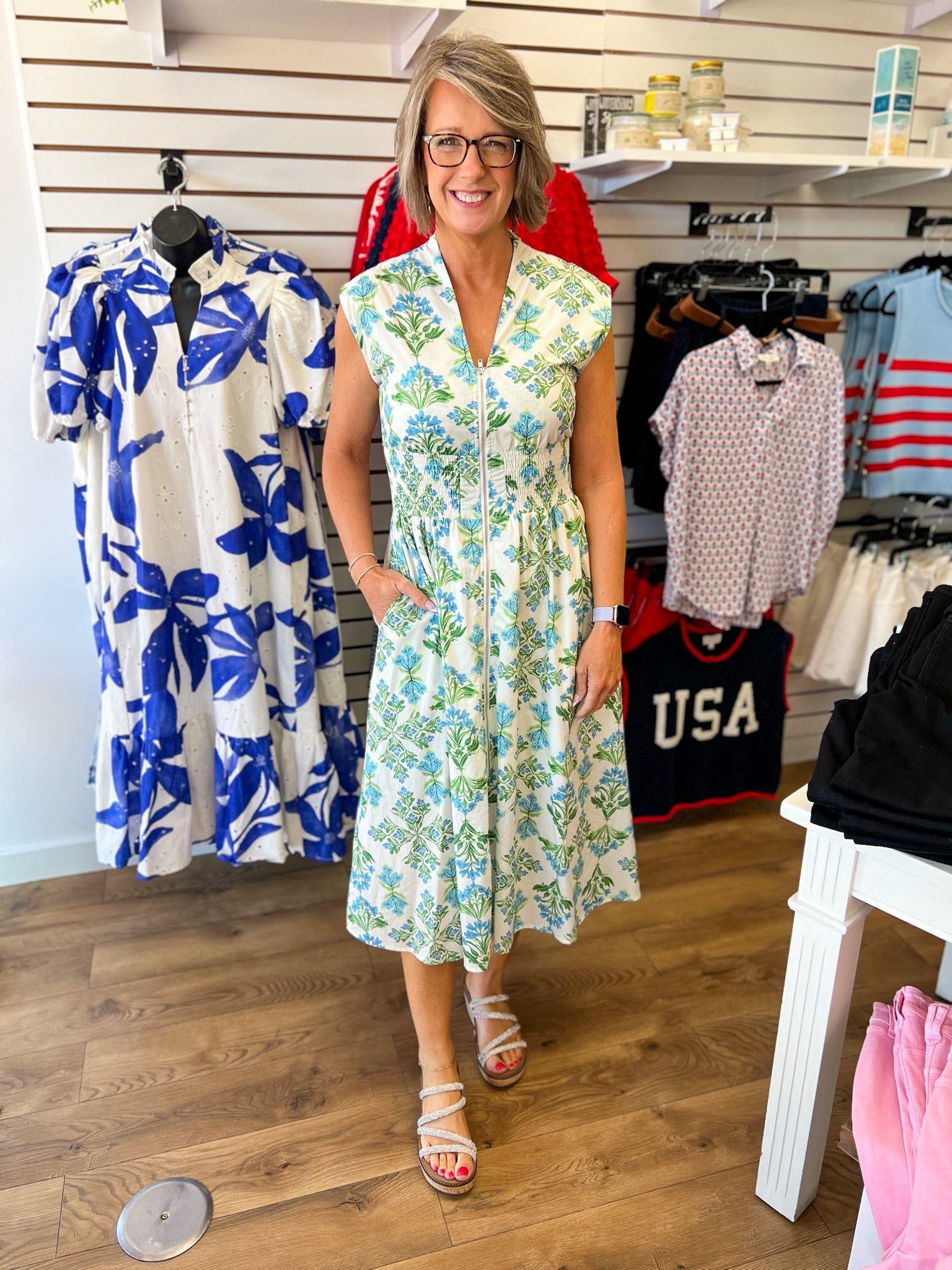 Blue Floral Zip Front Midi Dress with Pockets - A'Bekah's Boutique