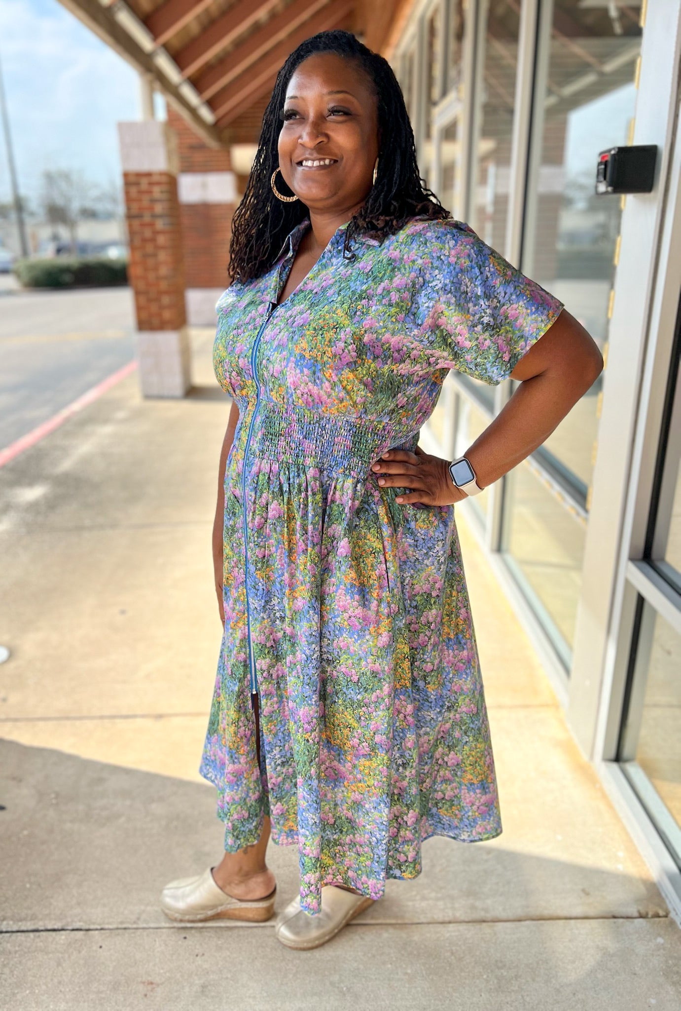 Blue Floral Zip Front Midi Dress with Pockets (C) - A'Bekah's Boutique