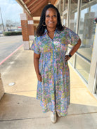 Blue Floral Zip Front Midi Dress with Pockets (C) - A'Bekah's Boutique