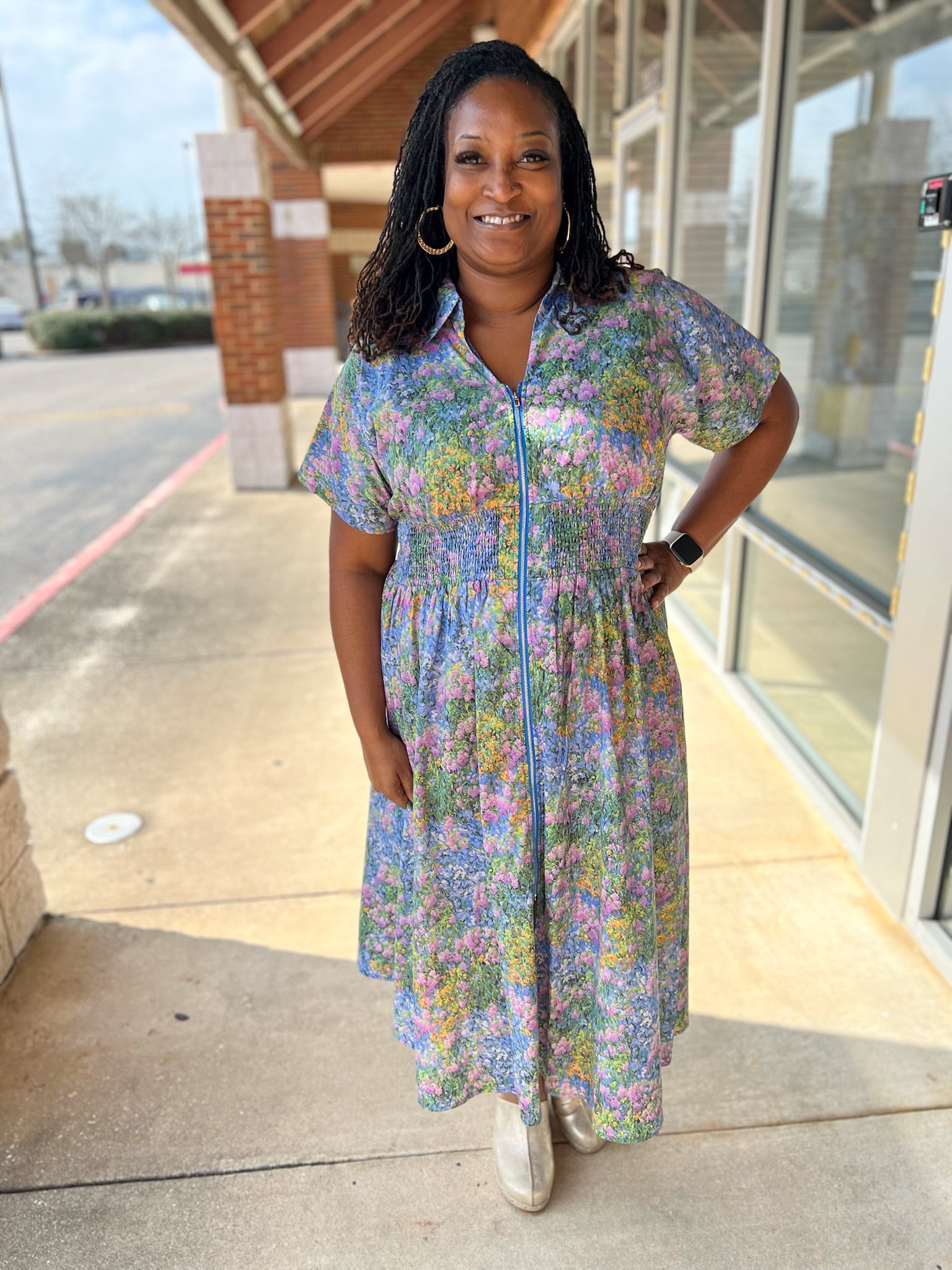 Blue Floral Zip Front Midi Dress with Pockets (C) - A'Bekah's Boutique