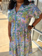 Blue Floral Zip Front Midi Dress with Pockets (C) - A'Bekah's Boutique