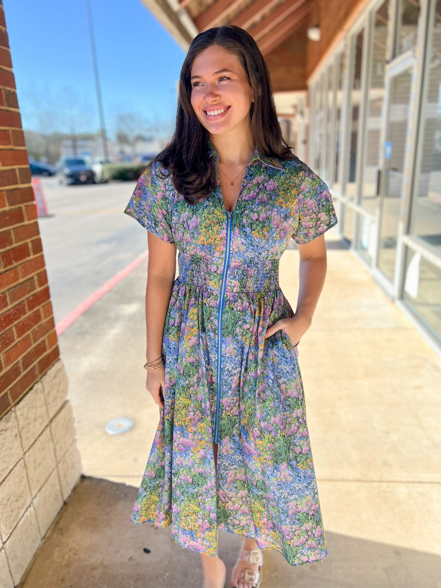 Blue Floral Zip Front Midi Dress with Pockets (R) - A'Bekah's Boutique