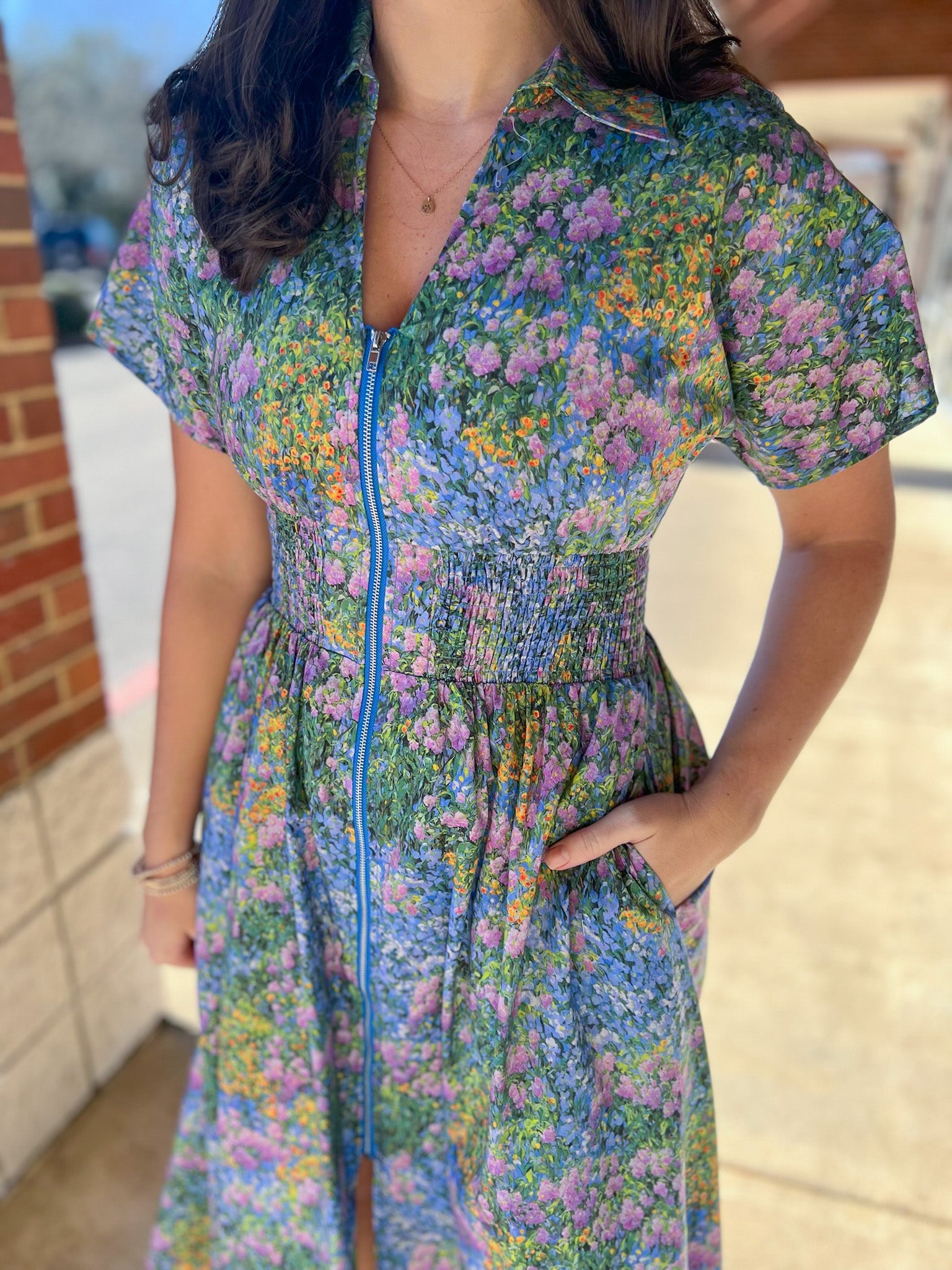 Blue Floral Zip Front Midi Dress with Pockets (R) - A'Bekah's Boutique