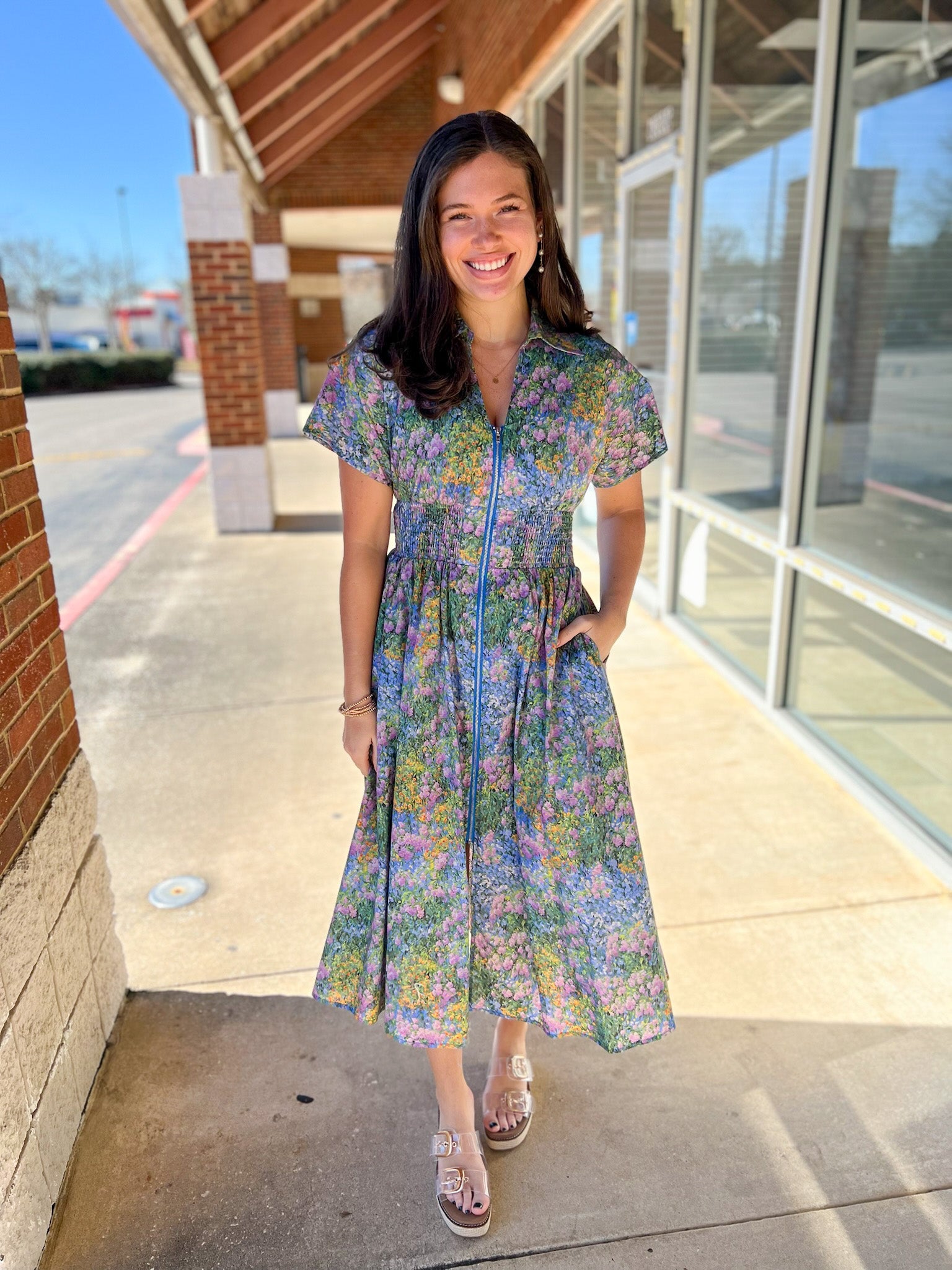 Blue Floral Zip Front Midi Dress with Pockets (R) - A'Bekah's Boutique
