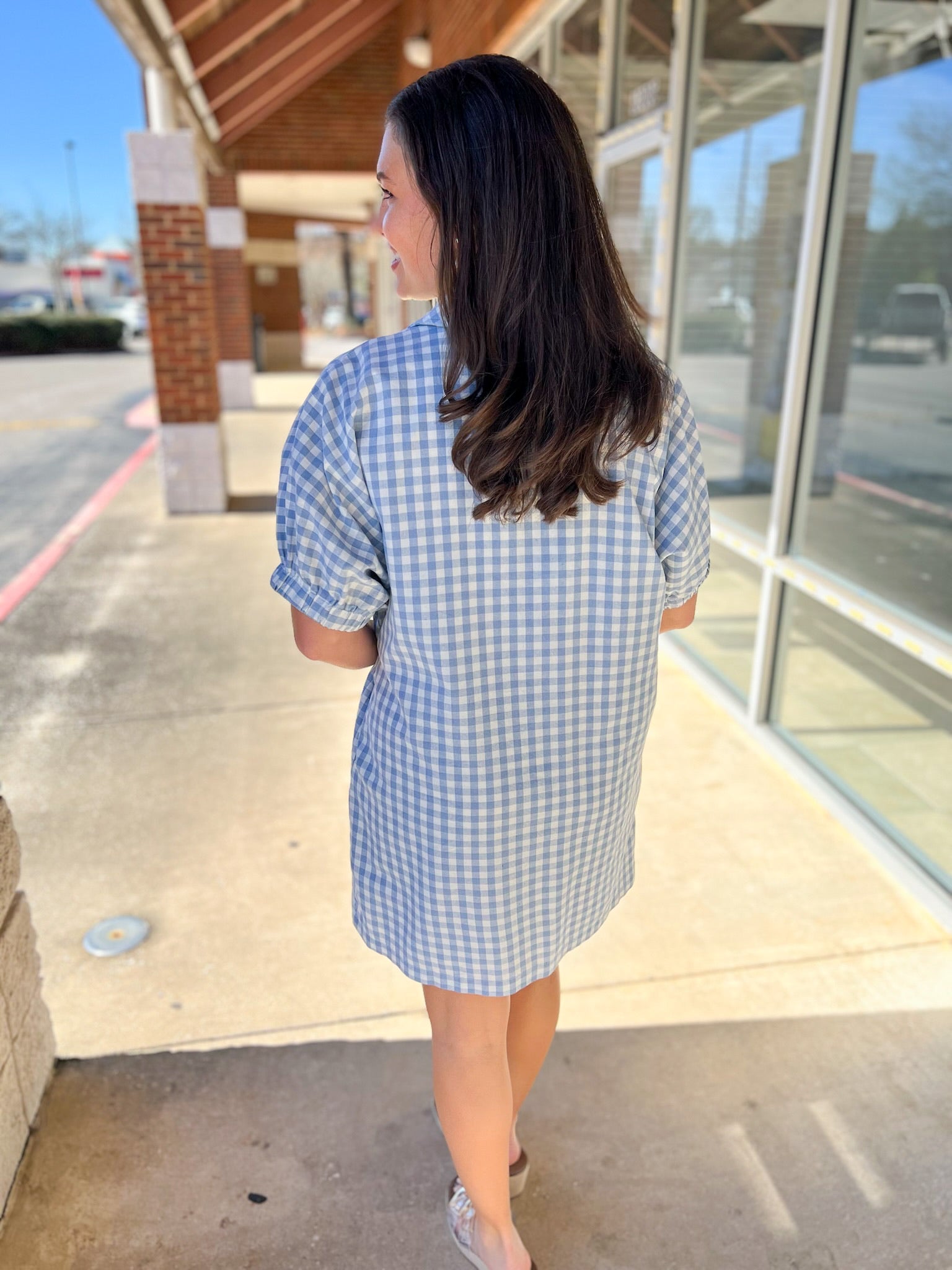 Blue Gingham V - Neck Dress with Pockets - A'Bekah's Boutique