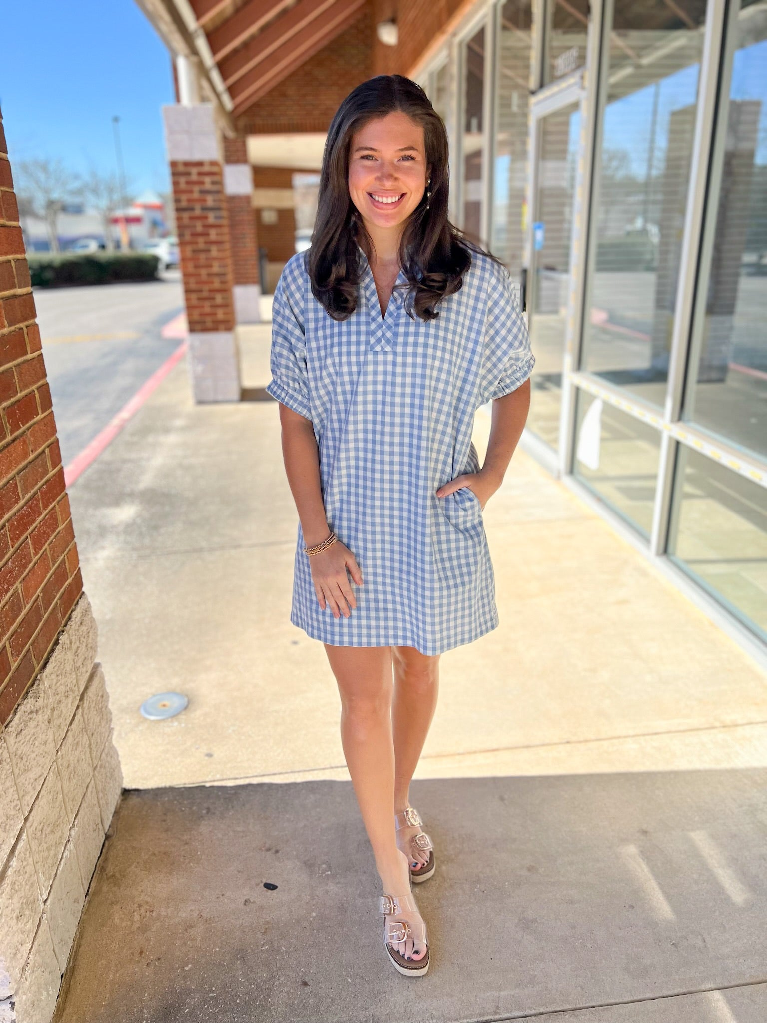 Blue Gingham V - Neck Dress with Pockets - A'Bekah's Boutique