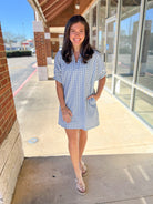 Blue Gingham V - Neck Dress with Pockets - A'Bekah's Boutique