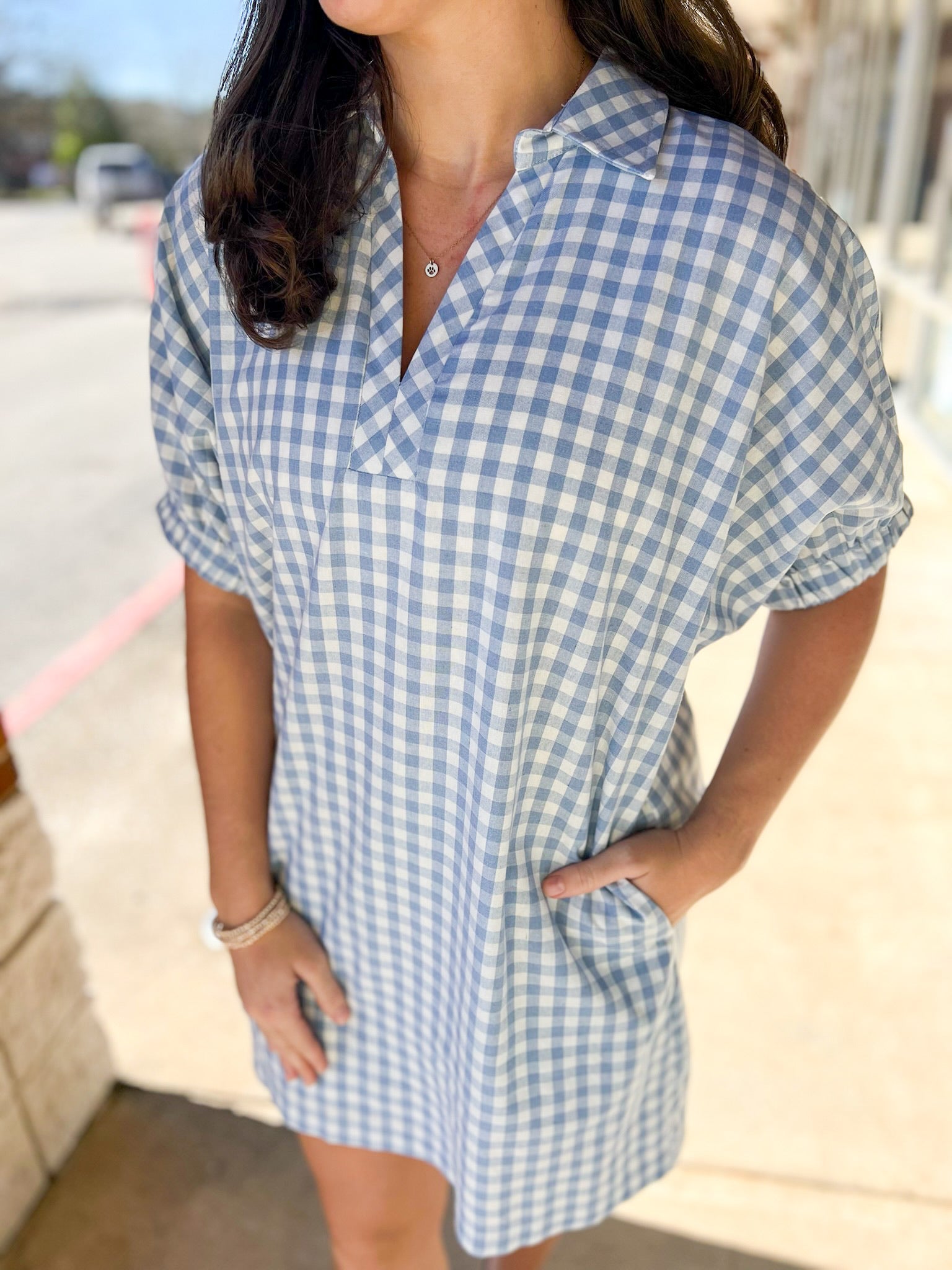 Blue Gingham V - Neck Dress with Pockets - A'Bekah's Boutique