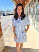Blue Gingham V - Neck Dress with Pockets - A'Bekah's Boutique