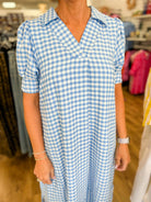 Blue Gingham V-Neck Midi Dress - A'Bekah's Boutique