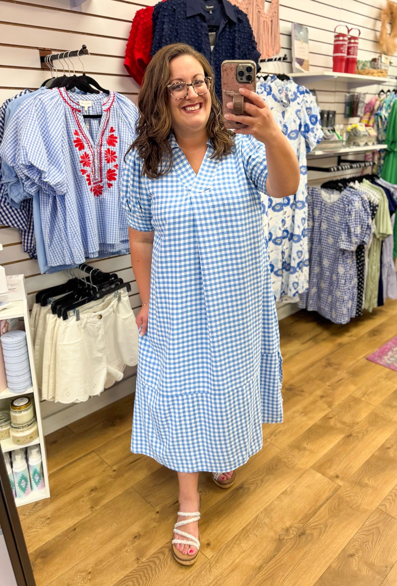 Blue Gingham V-Neck Midi Dress - A'Bekah's Boutique