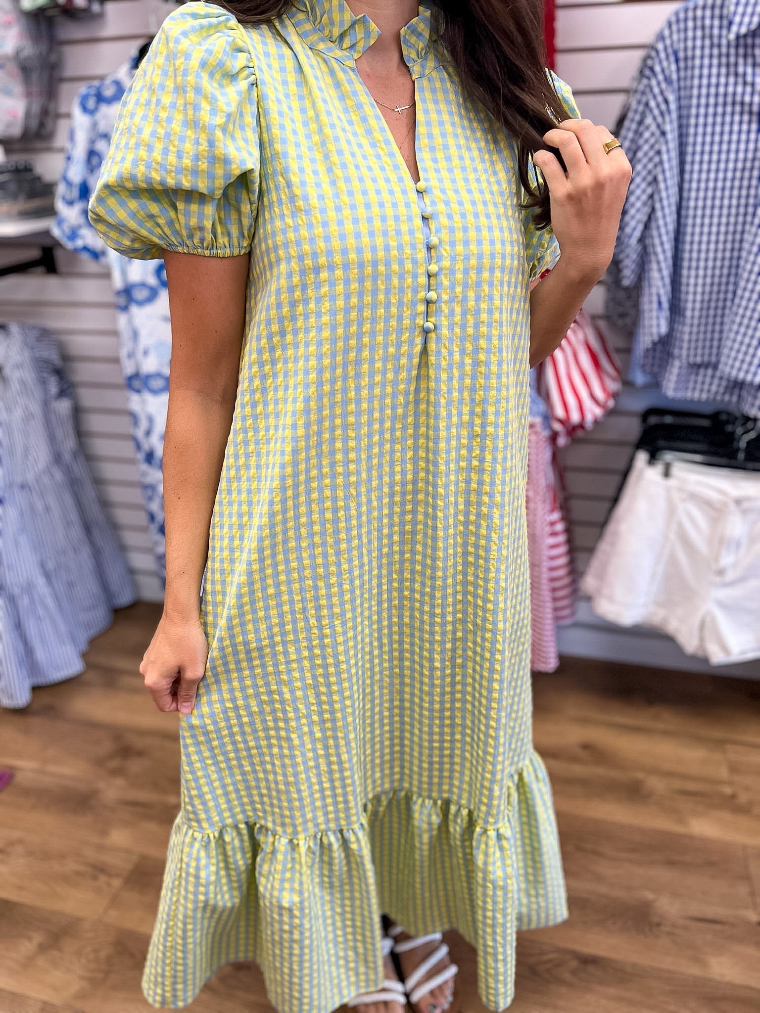 Blue Gingham V-neck Midi Dress with Short Puff Sleeves - A'Bekah's Boutique