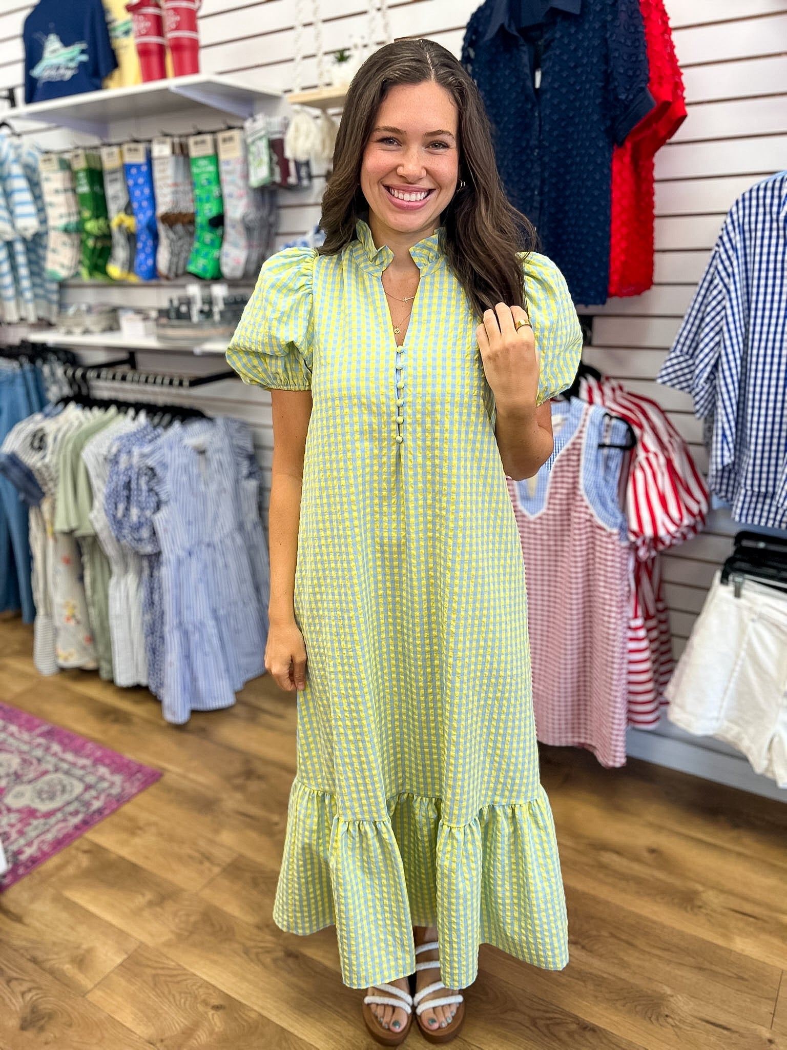 Blue Gingham V-neck Midi Dress with Short Puff Sleeves - A'Bekah's Boutique