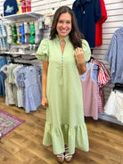 Blue Gingham V-neck Midi Dress with Short Puff Sleeves - A'Bekah's Boutique