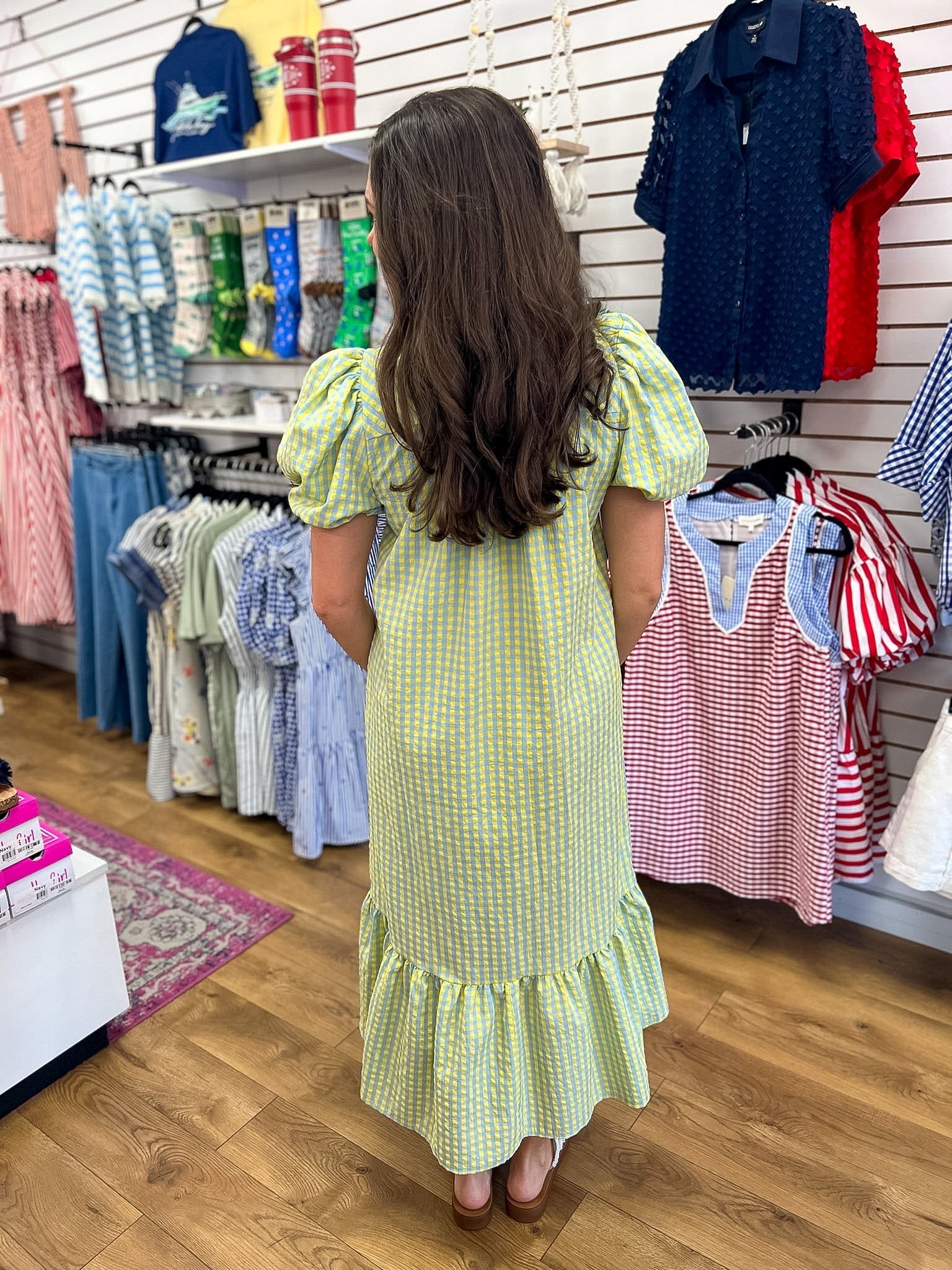 Blue Gingham V-neck Midi Dress with Short Puff Sleeves - A'Bekah's Boutique