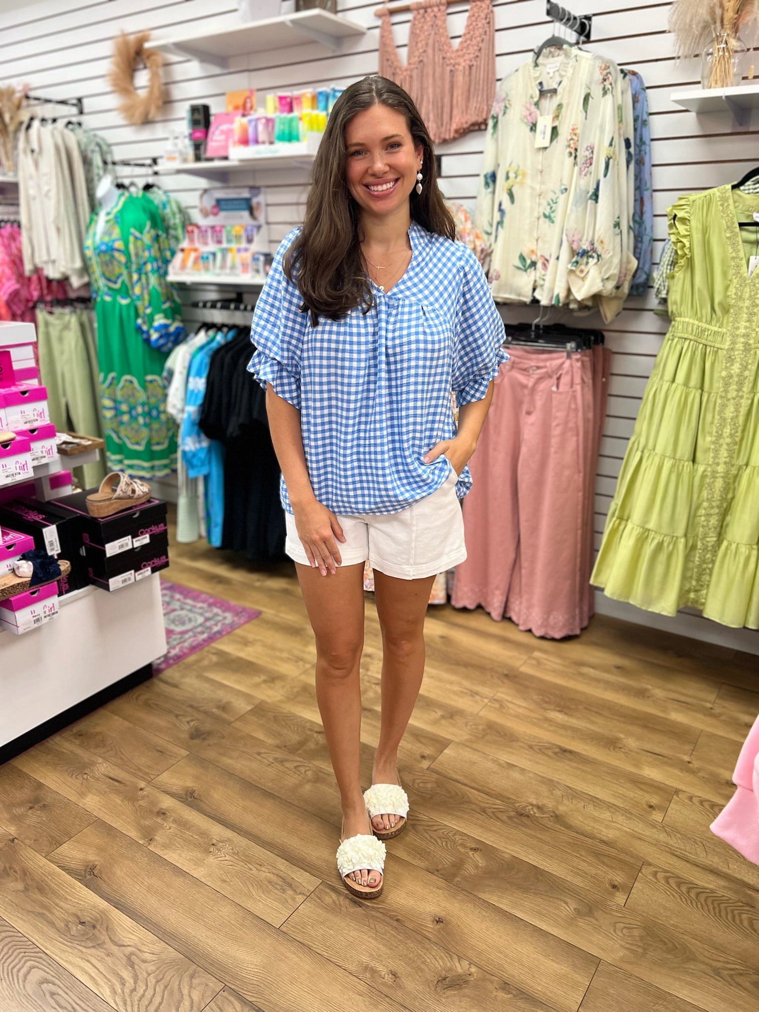Blue Gingham V - Neck Top with Puff Sleeves - A'Bekah's Boutique