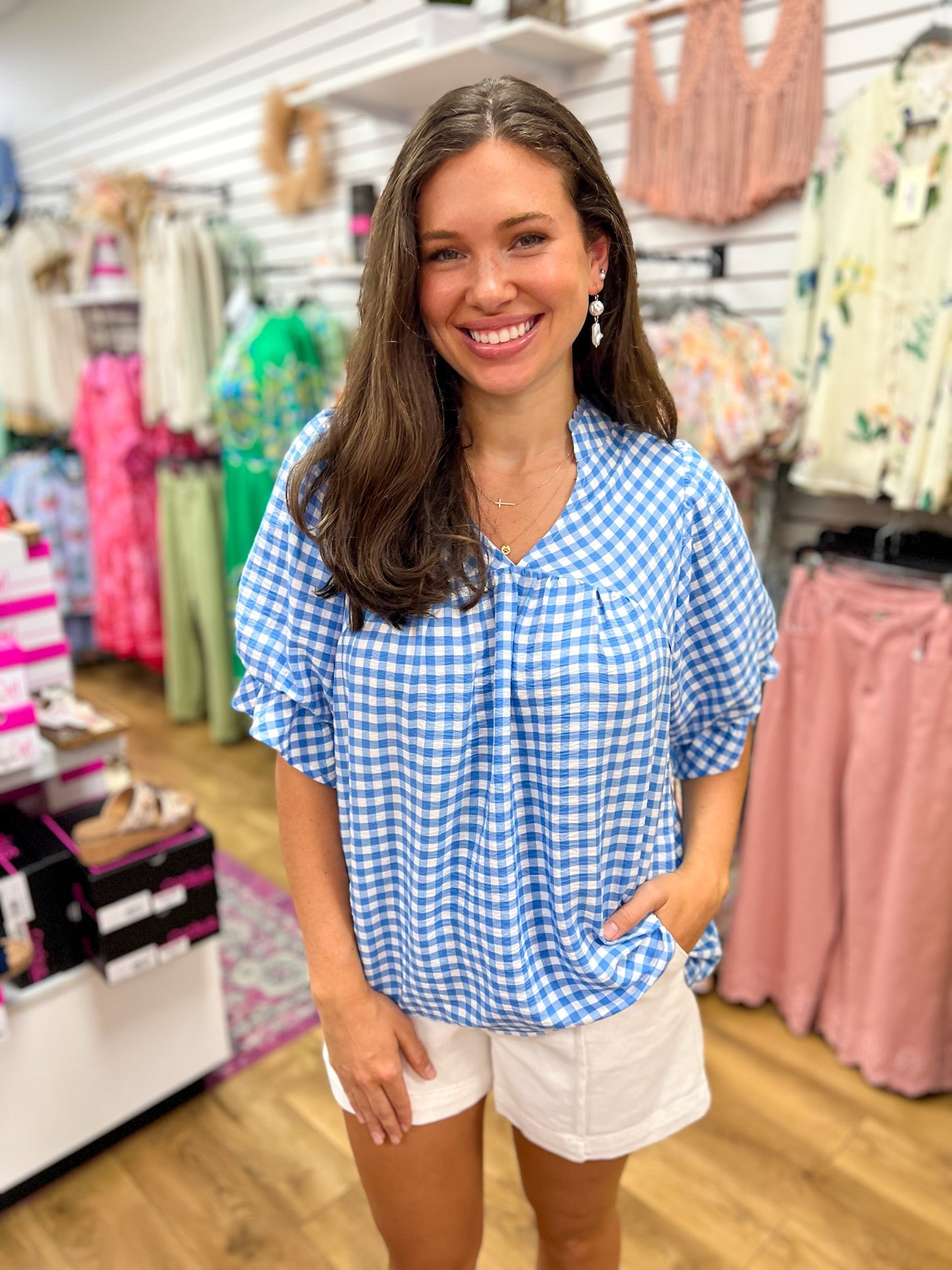 Blue Gingham V - Neck Top with Puff Sleeves - A'Bekah's Boutique