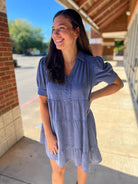 Blue Mineral Washed Short Puff Sleeve Tiered Dress - A'Bekah's Boutique