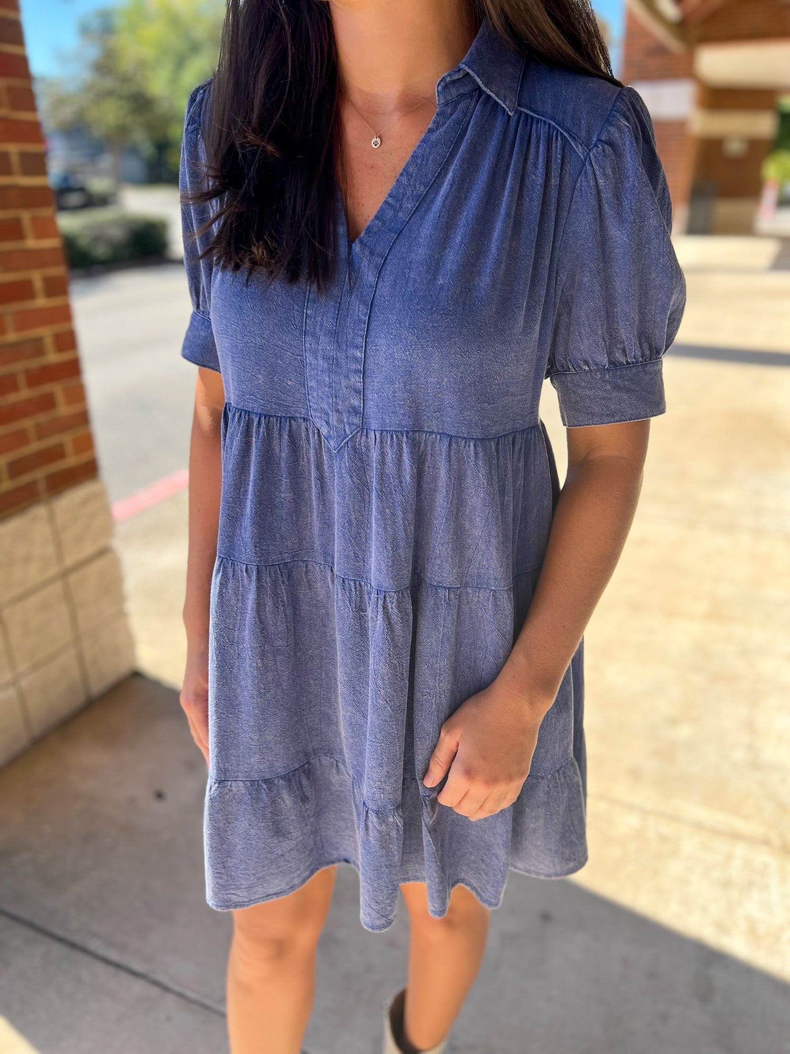 Blue Mineral Washed Short Puff Sleeve Tiered Dress - A'Bekah's Boutique