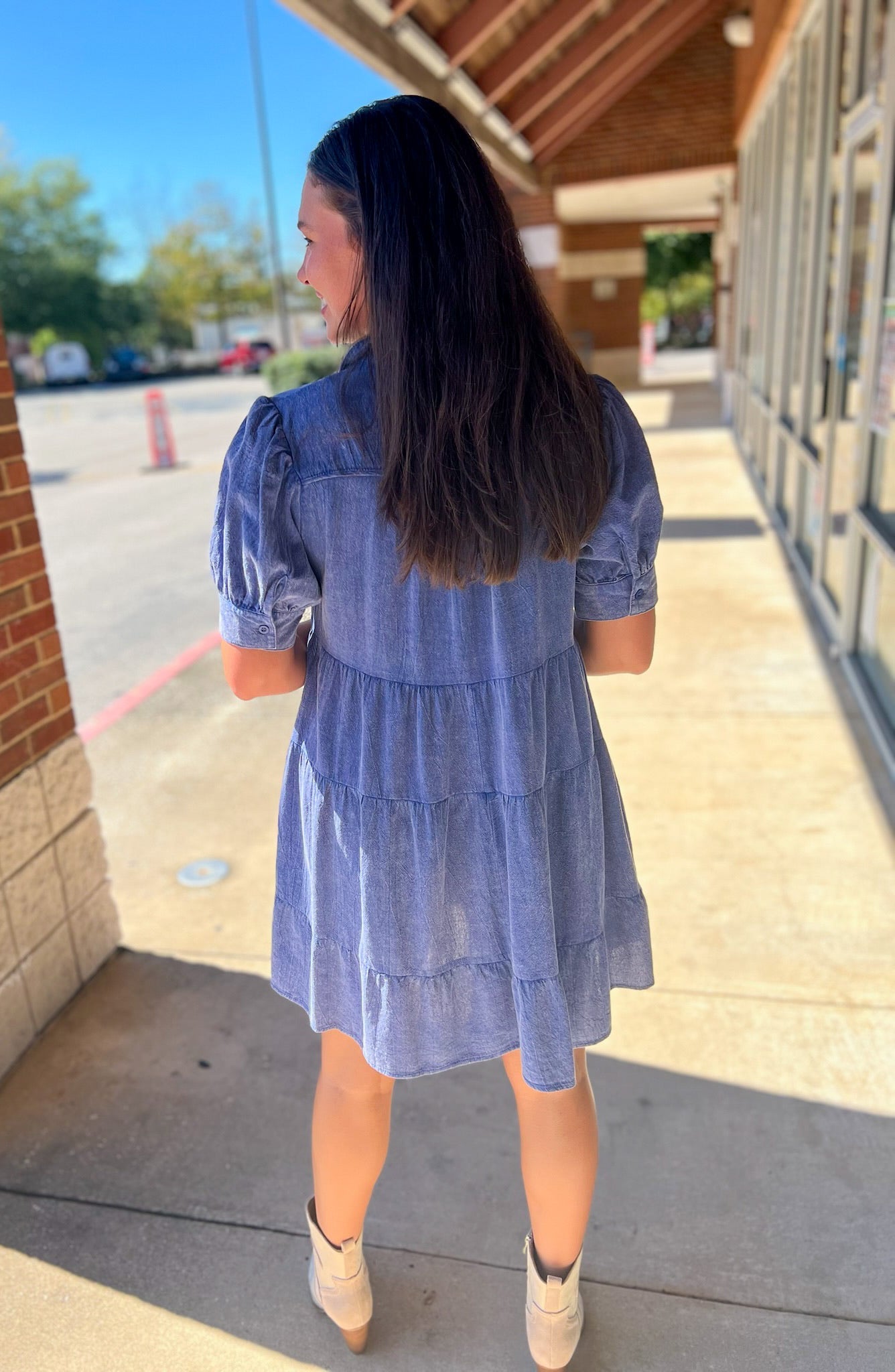 Blue Mineral Washed Short Puff Sleeve Tiered Dress - A'Bekah's Boutique