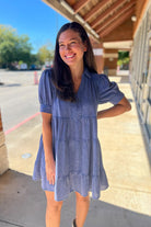 Blue Mineral Washed Short Puff Sleeve Tiered Dress - A'Bekah's Boutique