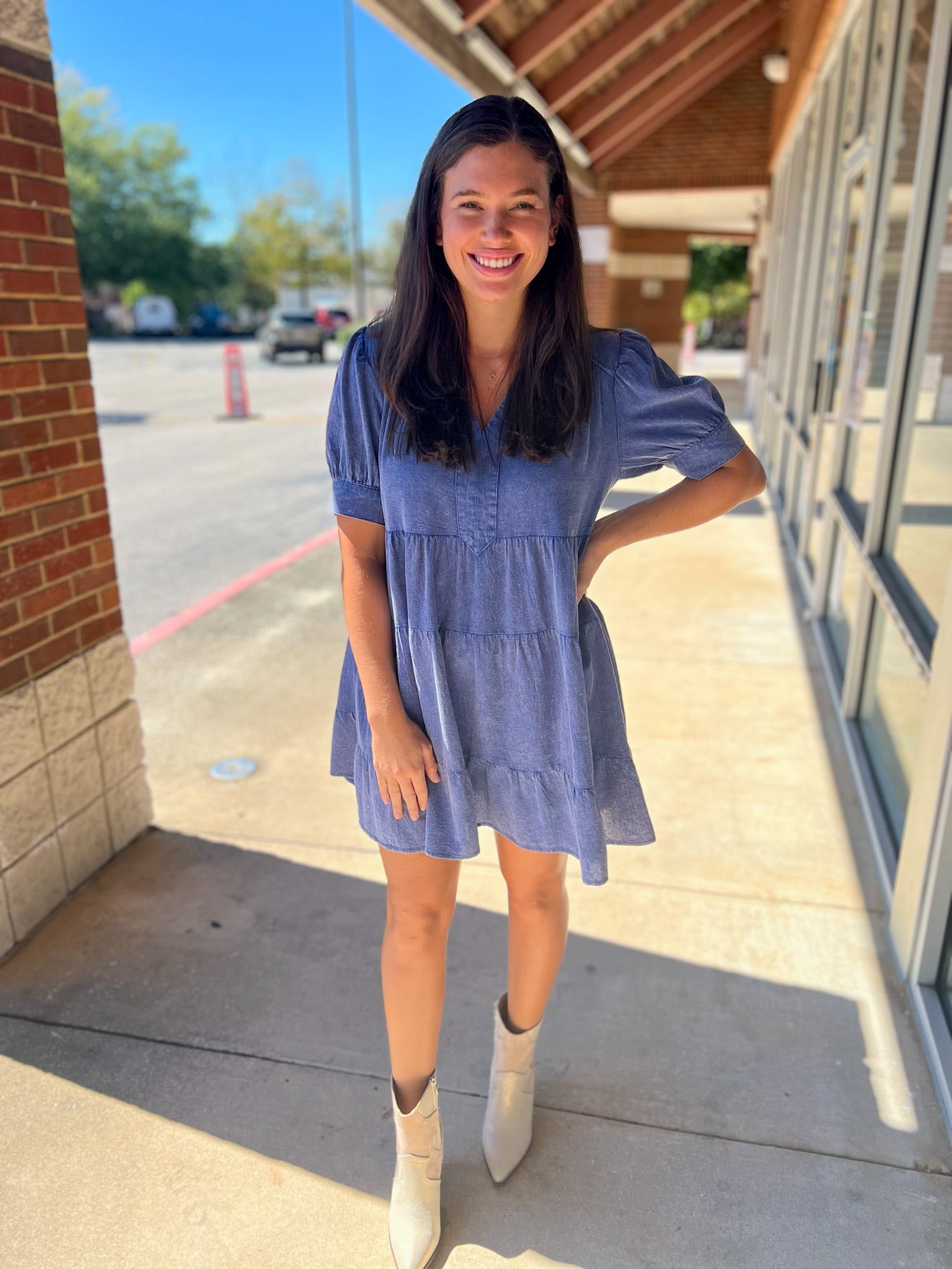 Blue Mineral Washed Short Puff Sleeve Tiered Dress - A'Bekah's Boutique