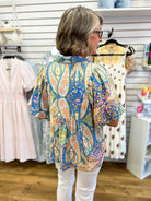 Blue Mix Abstract Print V-Neck Top Smocked Front Yoke - A'Bekah's Boutique