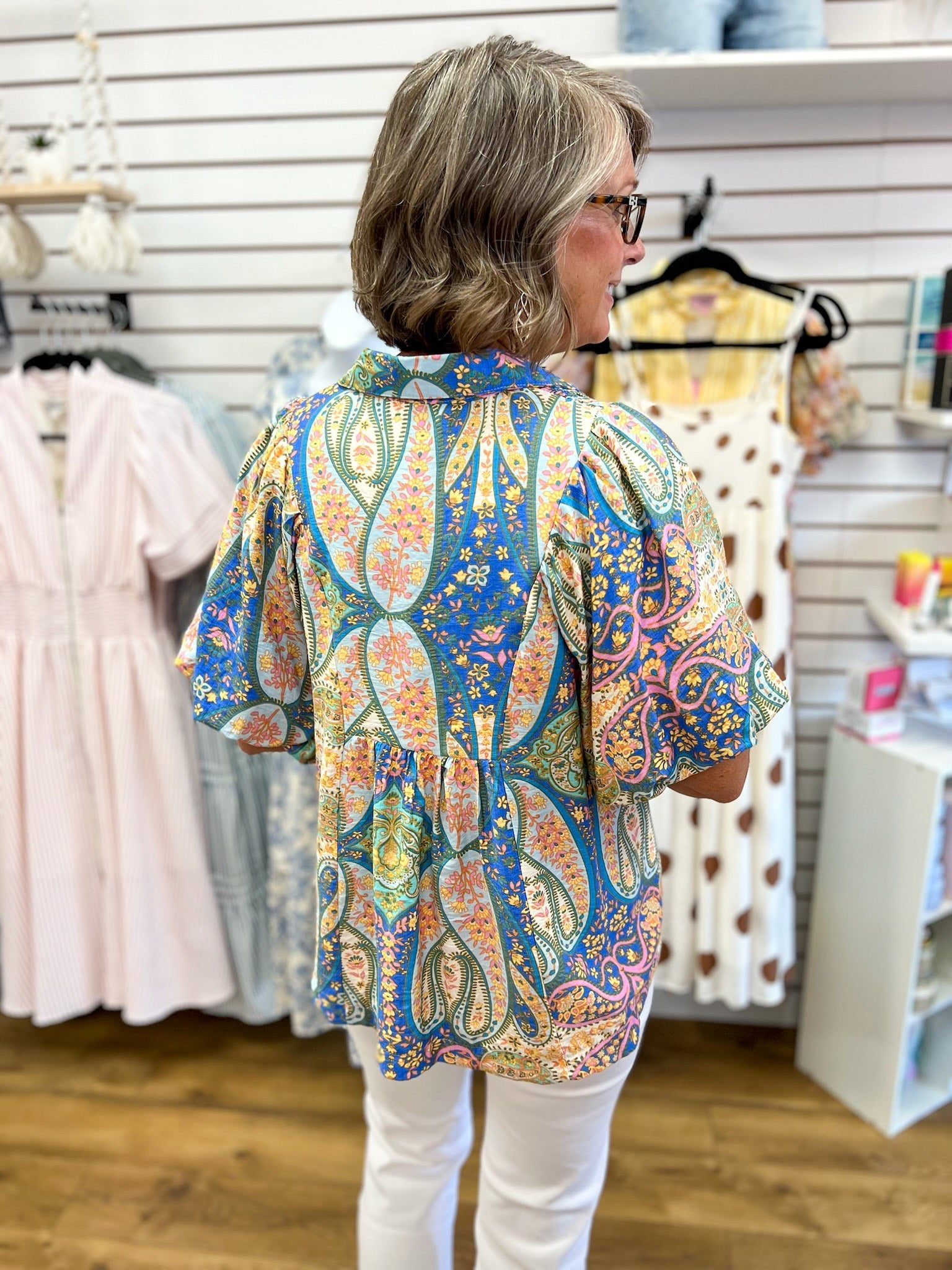 Blue Mix Abstract Print V-Neck Top Smocked Front Yoke - A'Bekah's Boutique