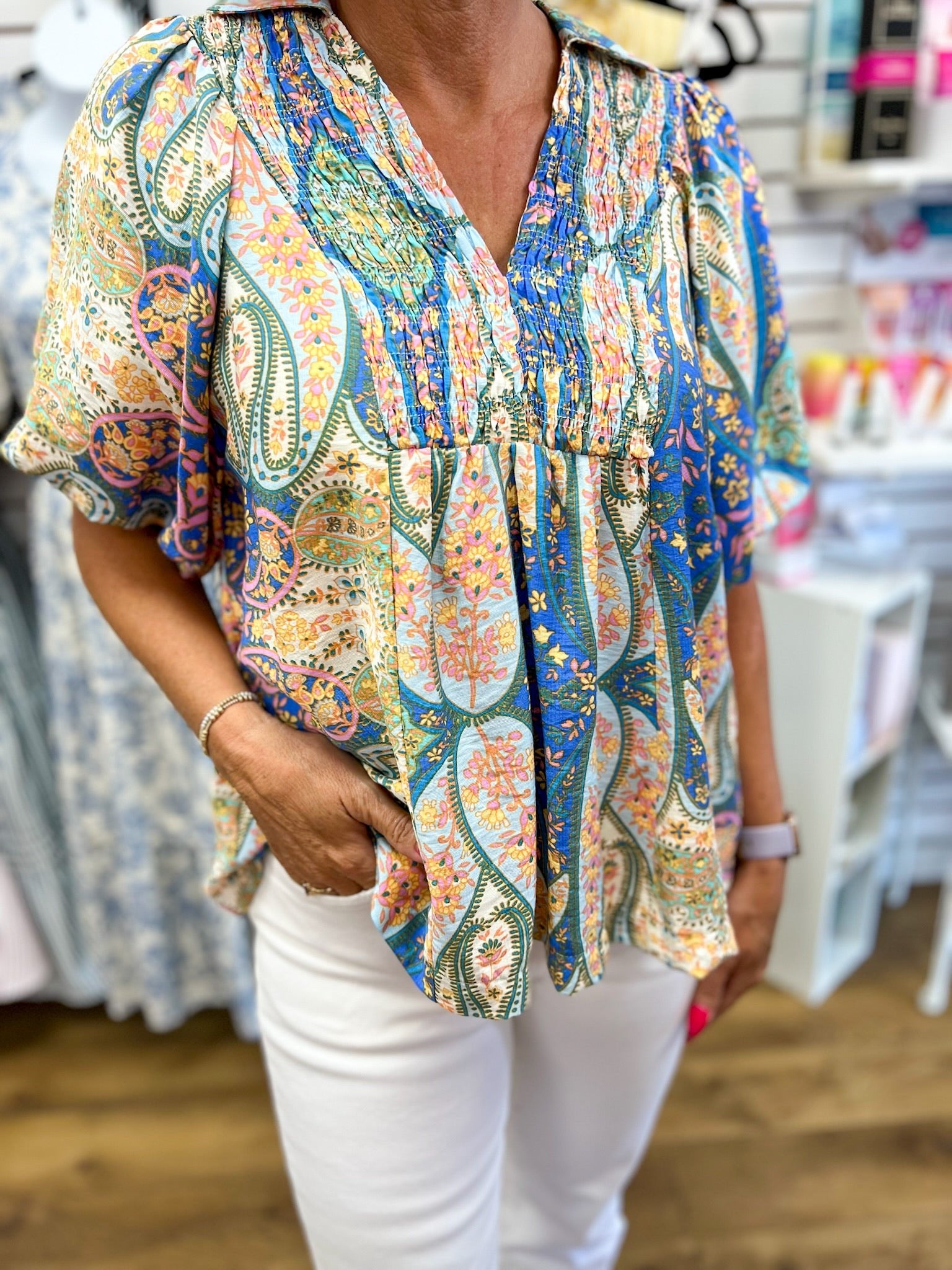 Blue Mix Abstract Print V-Neck Top Smocked Front Yoke - A'Bekah's Boutique