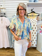 Blue Mix Abstract Print V-Neck Top Smocked Front Yoke - A'Bekah's Boutique