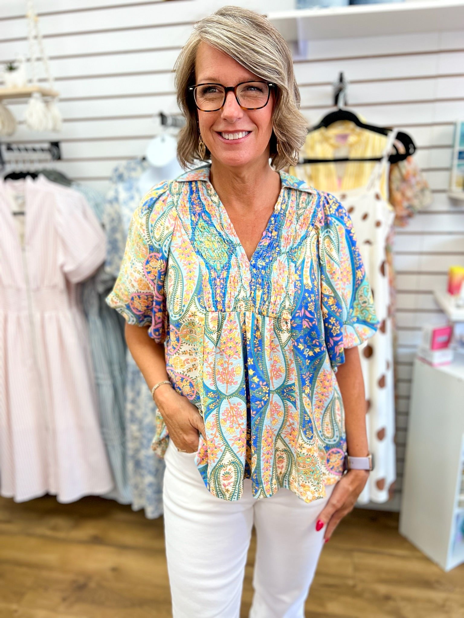 Blue Mix Abstract Print V-Neck Top Smocked Front Yoke - A'Bekah's Boutique
