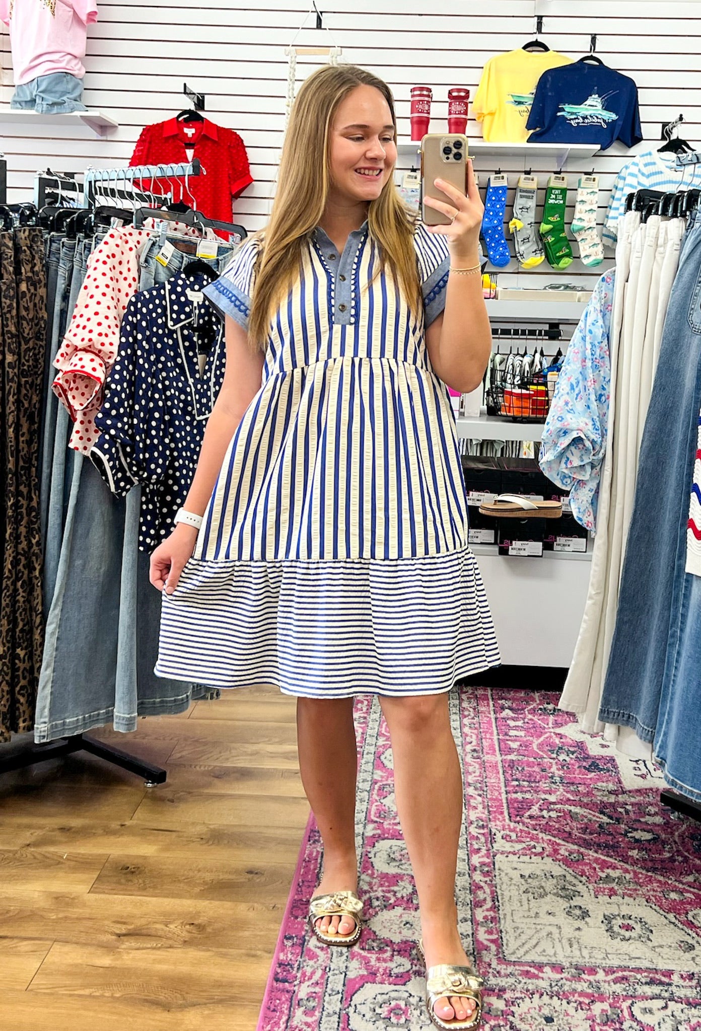 Blue Multi Striped Contrast Trim Short Sleeve Dress - A'Bekah's Boutique