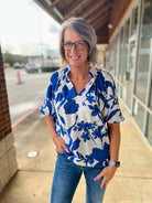 Blue Ocean Mix V - Neck Top with Scalloped Hem - A'Bekah's Boutique