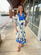 Blue Paisley Print V - Neck Border Trim Midi Dress - A'Bekah's Boutique