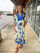 Blue Paisley Print V - Neck Border Trim Midi Dress - A'Bekah's Boutique