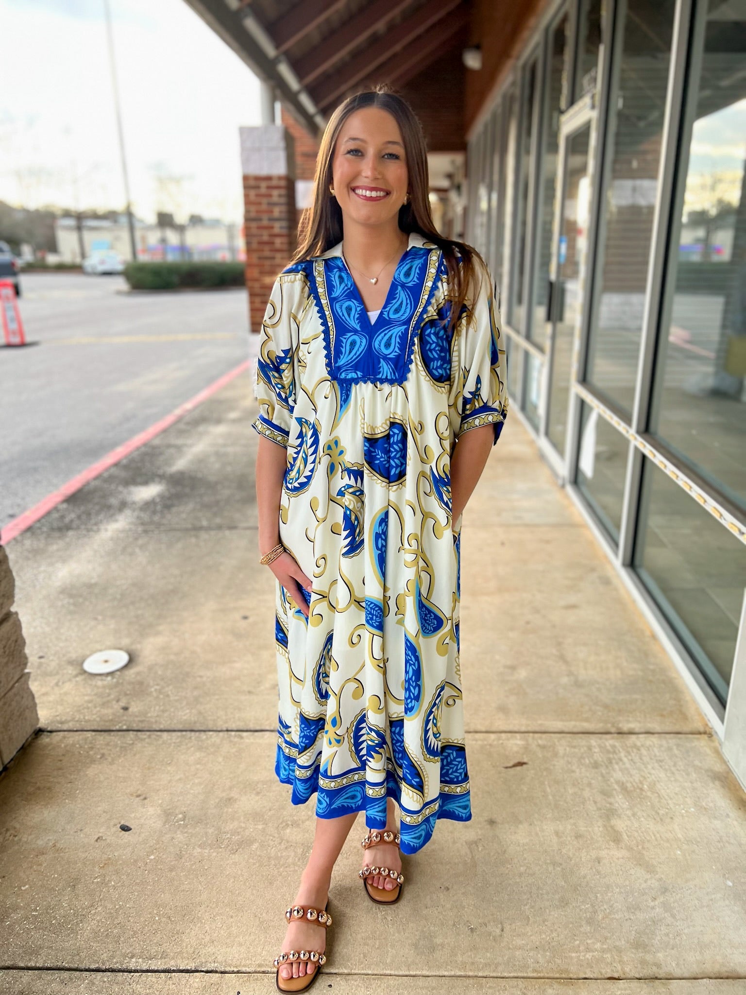 Blue Paisley Print V - Neck Border Trim Midi Dress - A'Bekah's Boutique