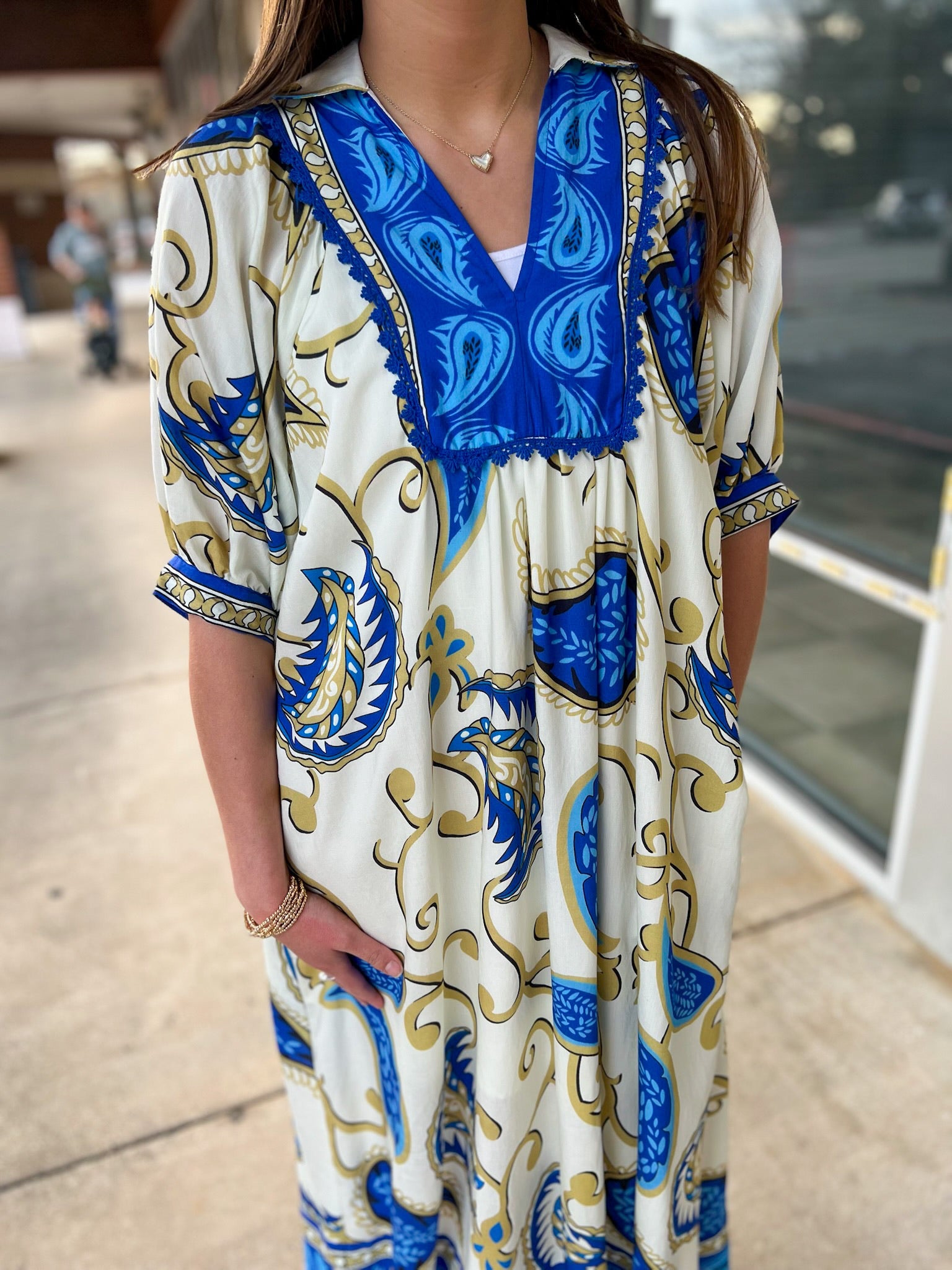 Blue Paisley Print V - Neck Border Trim Midi Dress - A'Bekah's Boutique