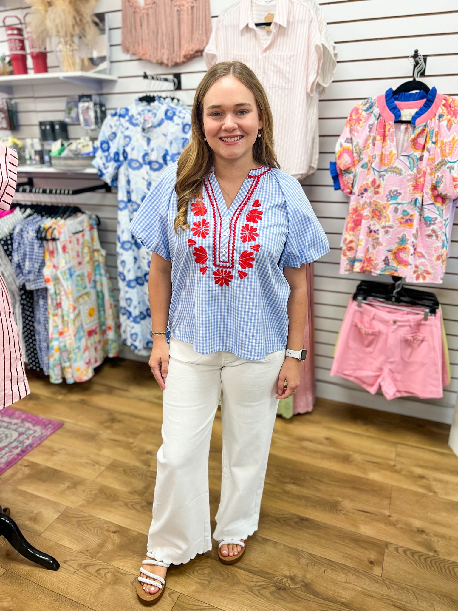 Blue Plaid Top with Floral Embroidery - A'Bekah's Boutique