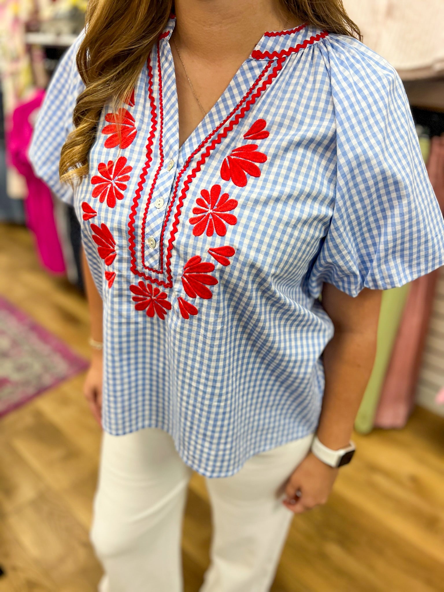 Blue Plaid Top with Floral Embroidery - A'Bekah's Boutique
