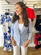 Blue Striped Cinched Sleeve One Button Blazer - A'Bekah's Boutique