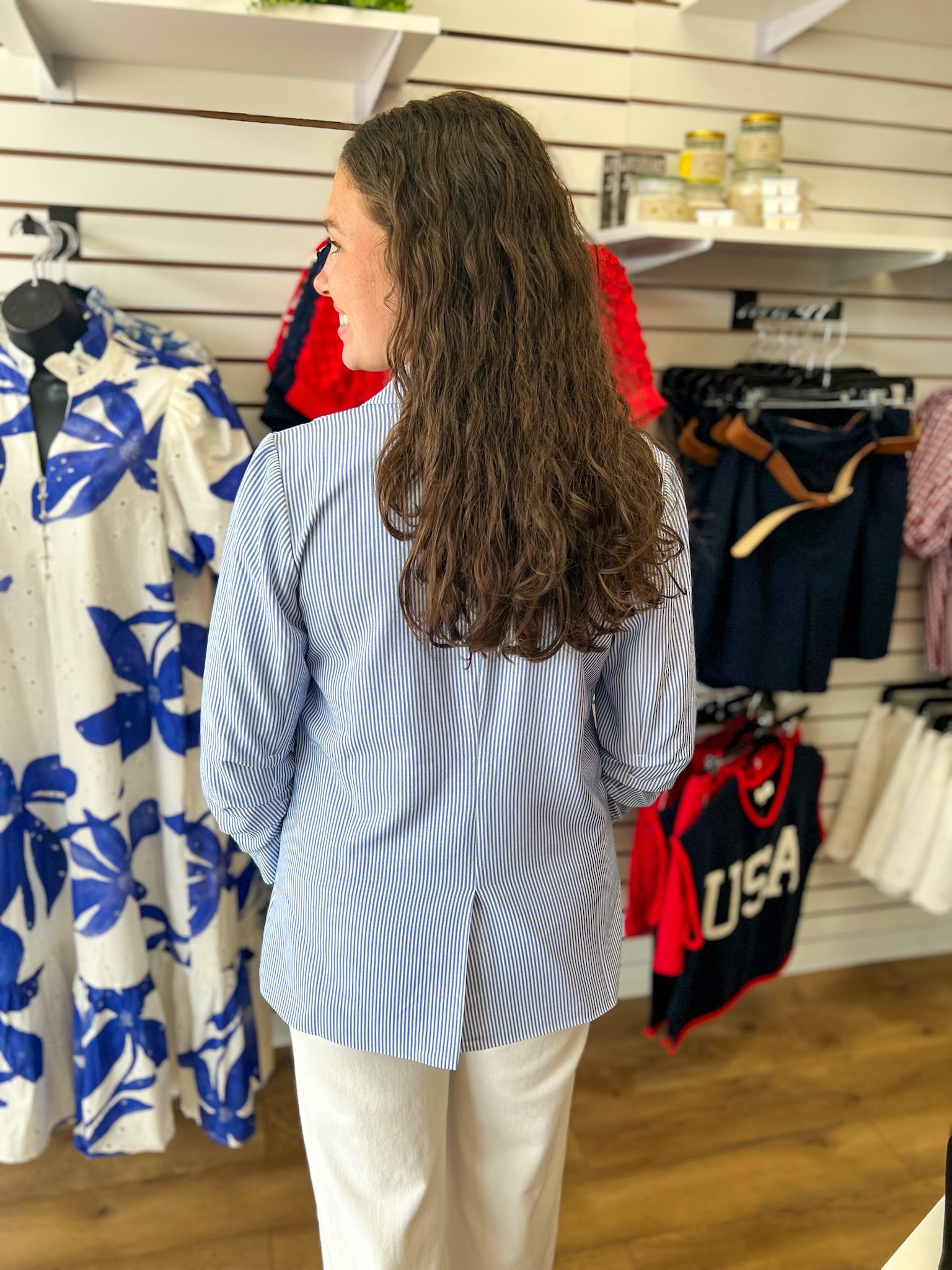 Blue Striped Cinched Sleeve One Button Blazer - A'Bekah's Boutique
