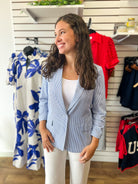 Blue Striped Cinched Sleeve One Button Blazer - A'Bekah's Boutique