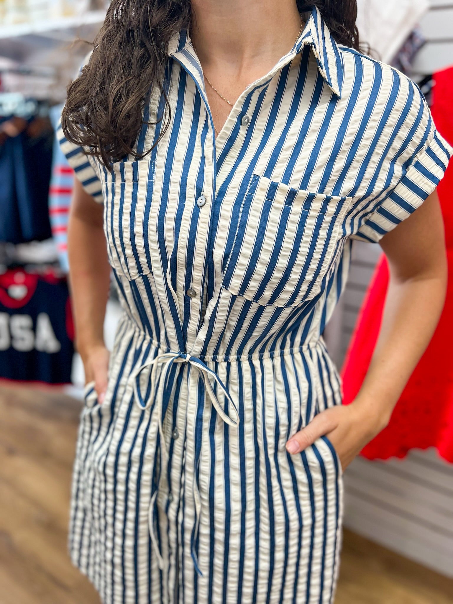 Blue Striped Dress with Tie Waist and Pockets - A'Bekah's Boutique